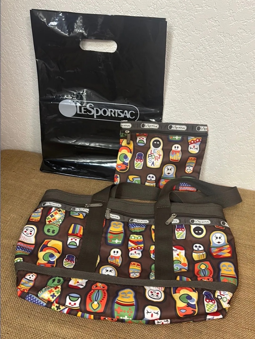 LeSportsac Matryoshka Russian Nesting Dolls tote bag and matching pouch, brown